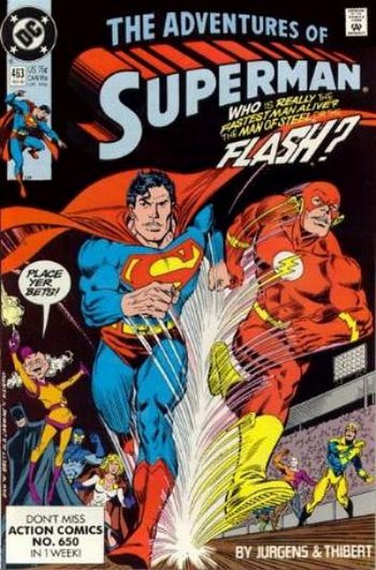 Classic Superman/Flash race.<br> Cover of Adventures of Superman (Vol 1) #463. One of 250,000 Vintage American Comics on sale from Krypton!