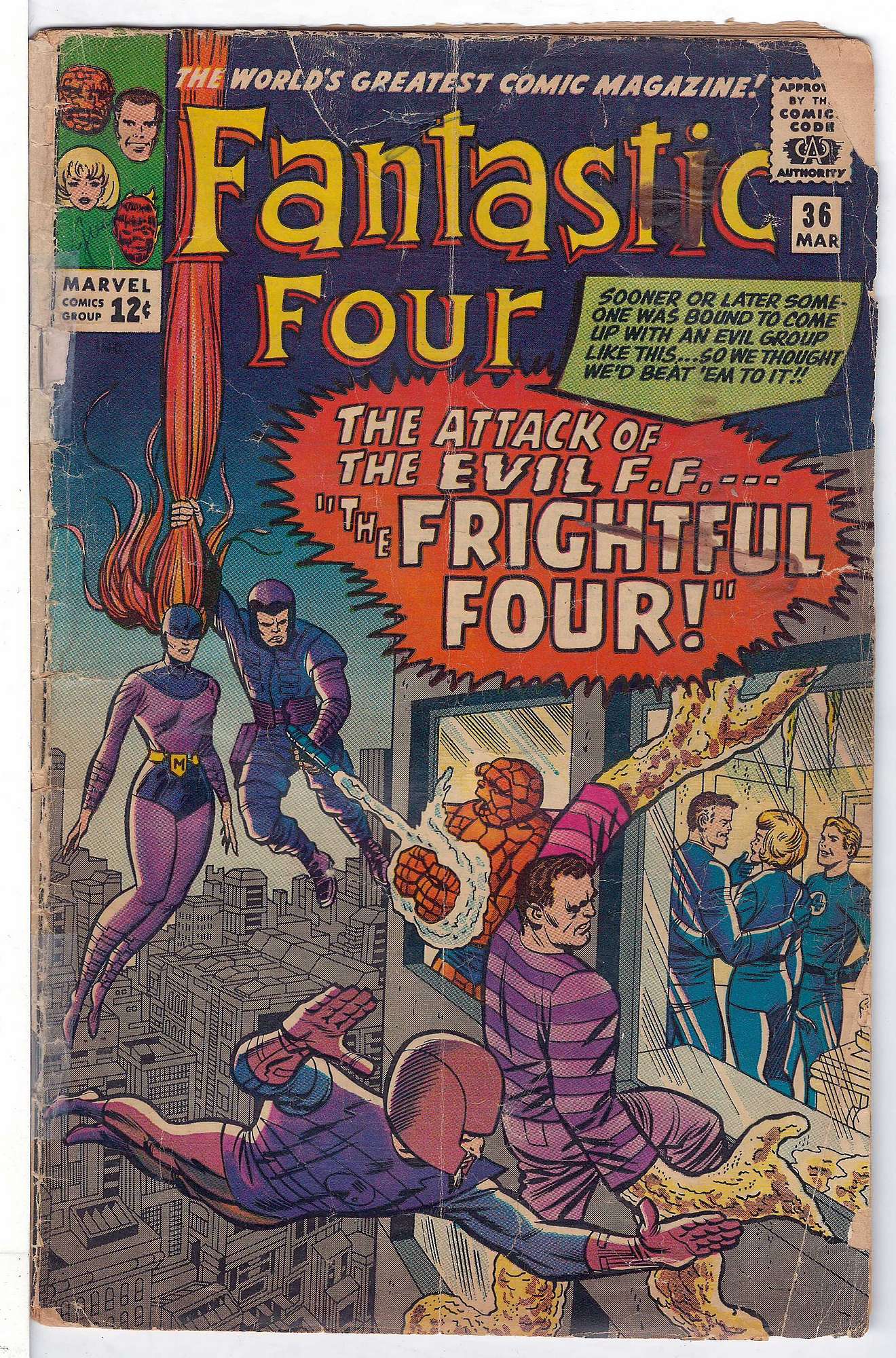 1st Madam Medusa & Frightful Four<br>ACTUAL SCAN OF COMIC!<br>Pen & Marks on Cover - rolled Spine- See Scan Cover of Fantastic Four (Vol 1) #36. One of 250,000 Vintage American Comics on sale from Krypton!