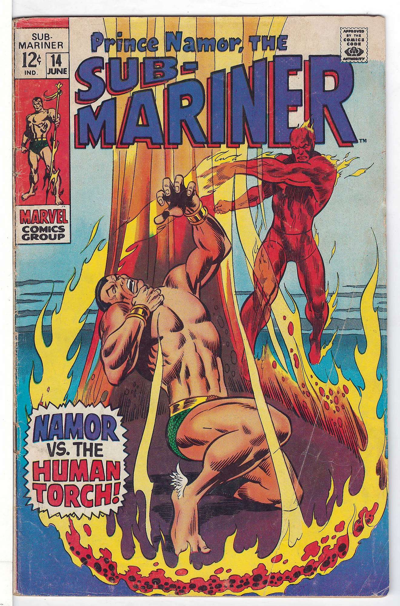 Sub-Mariner vs Golden Age Toro<br>ACTUAL SCAN OF COMIC!<br> Cover of Sub-Mariner (Vol 1) #14. One of 250,000 Vintage American Comics on sale from Krypton!