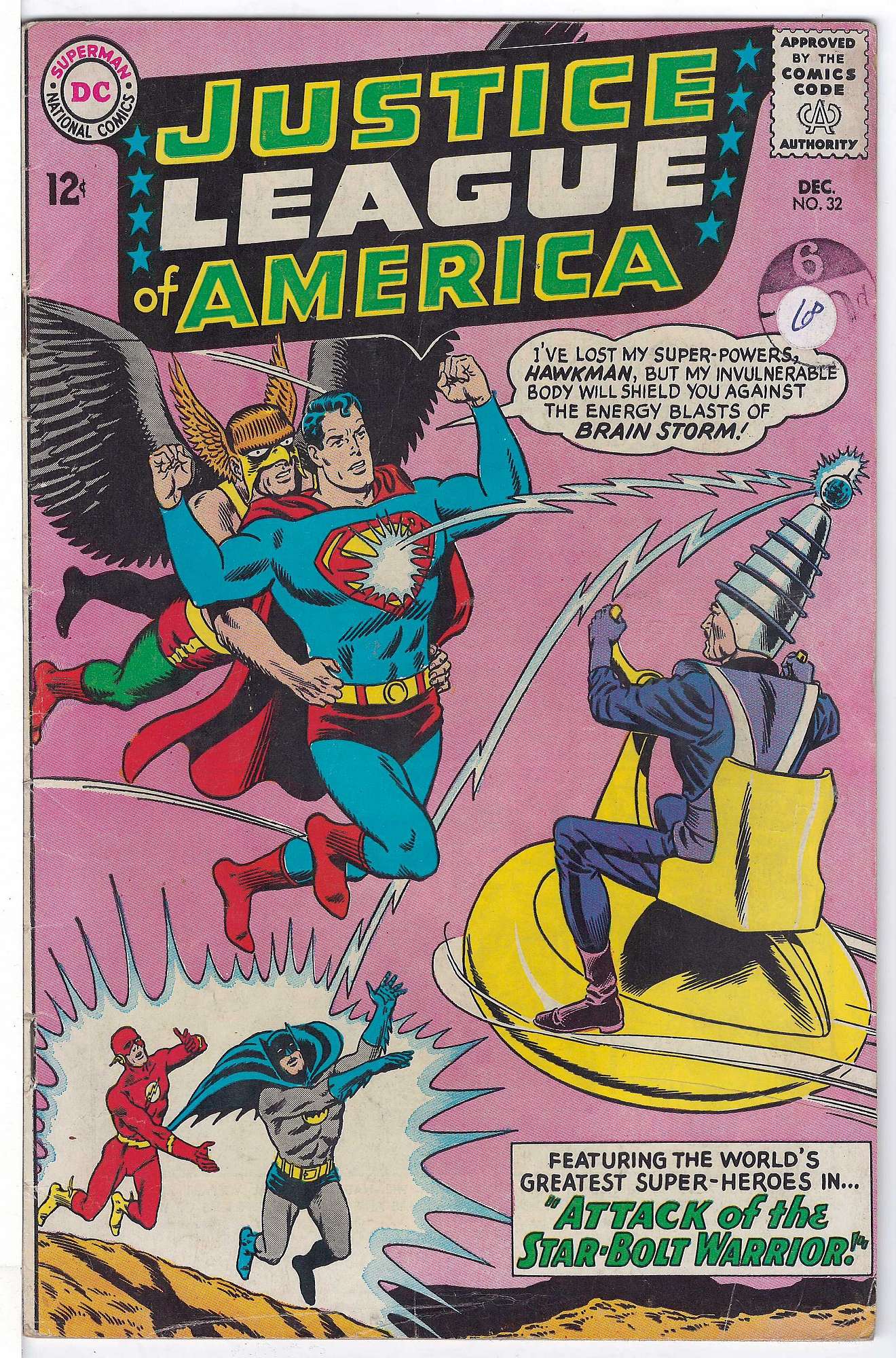 Into & Origin of Brain Storm<br>ACTUAL SCAN OF COMIC!<br>Stamp & Label on Cover -See Scan Cover of Justice League of America (Vol 1) #32. One of 250,000 Vintage American Comics on sale from Krypton!