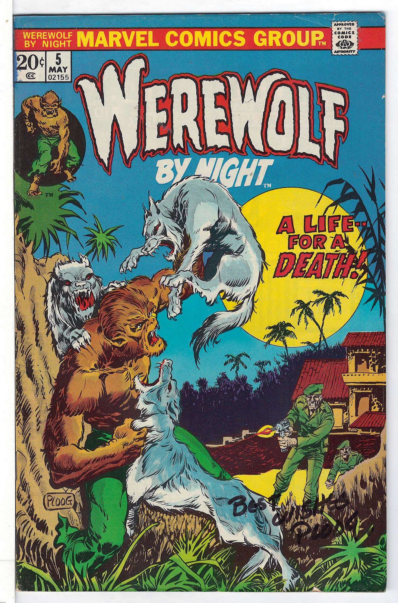 ACTUAL SCAN OF COMIC!<br>Slight Blue Stain to top left. Signed by Mark Ploog - See scan Cover of Werewolf by Night (Vol 1) #5. One of 250,000 Vintage American Comics on sale from Krypton!