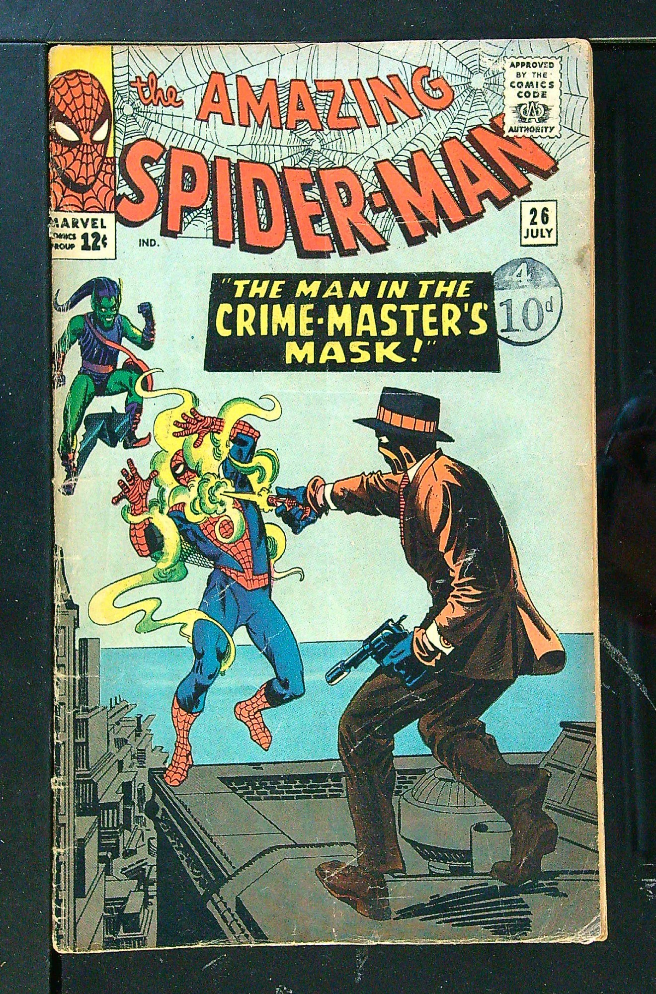 1st Crimemaster<br>ACTUAL SCAN OF COMIC!<br>Distribution Stamp on Cover - Small tape repair to top inner staple - See Scan Cover of Amazing Spider-Man (Vol 1) #26. One of 250,000 Vintage American Comics on sale from Krypton!