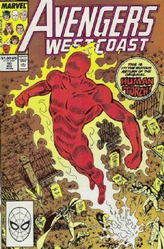 Original Human Torch returns<br> Cover of West Coast Avengers (Vol 1) #50. One of 250,000 Vintage American Comics on sale from Krypton!