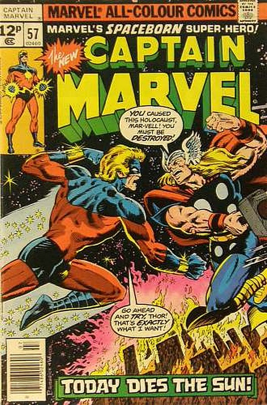 Classic Thor Battle<br> Cover of Captain Marvel (Vol 1) #57. One of 250,000 Vintage American Comics on sale from Krypton!