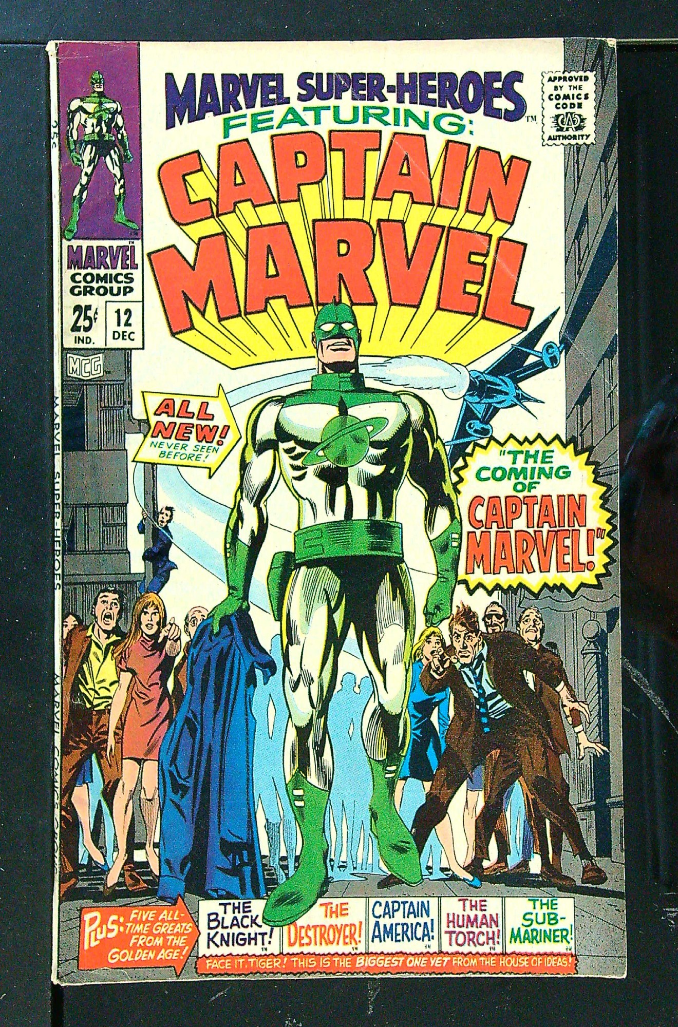 1st Captain Marvel<br>ACTUAL SCAN OF COMIC!<br>Slight cover ripple due to squarebpound spine. See Scan Cover of Marvel Super-Heroes (Vol 1) #12. One of 250,000 Vintage American Comics on sale from Krypton!