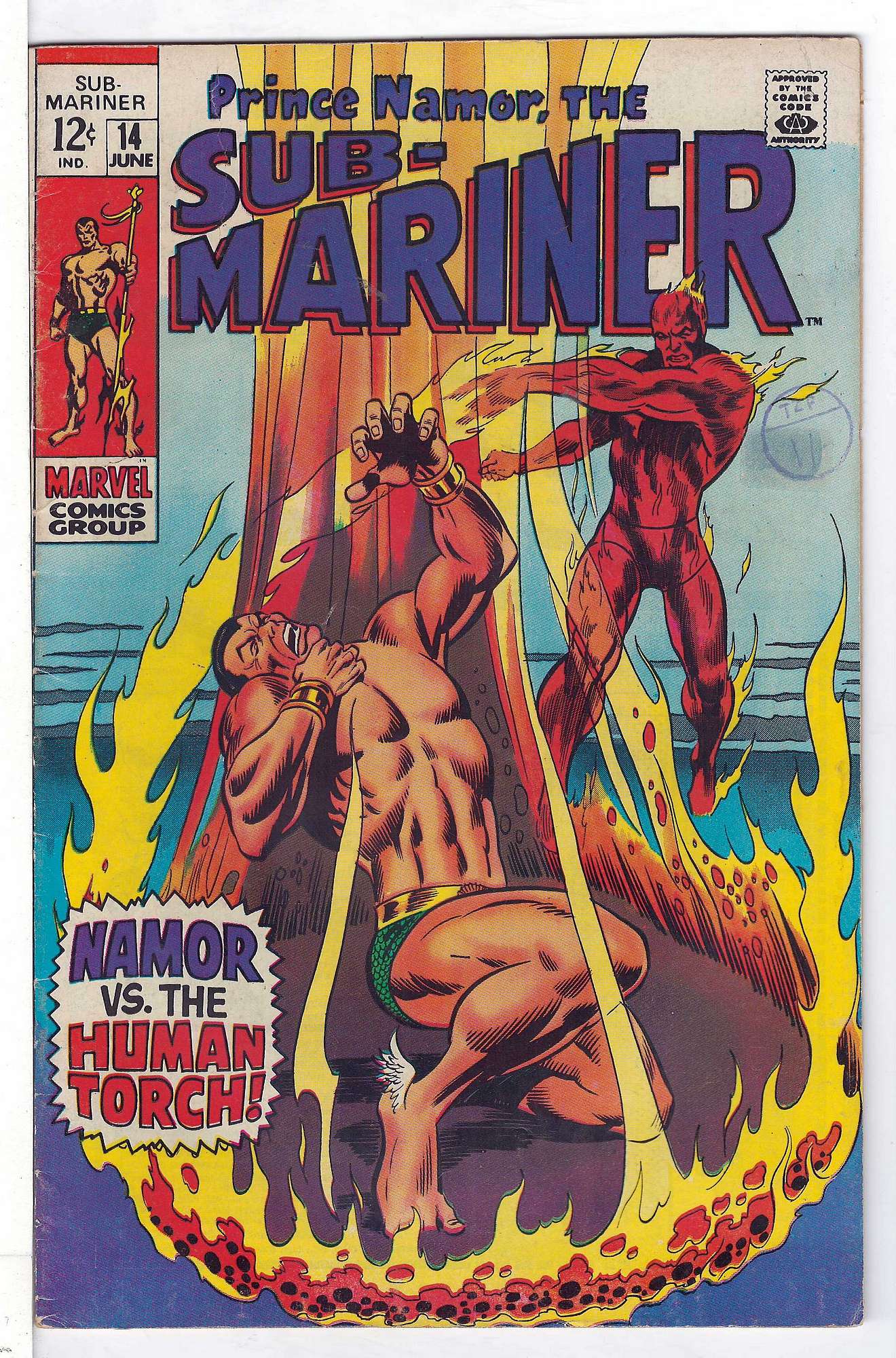 Sub-Mariner vs Golden Age Toro<br>ACTUAL SCAN OF COMIC!<br>Stamp on Cover - See Scan Cover of Sub-Mariner (Vol 1) #14. One of 250,000 Vintage American Comics on sale from Krypton!