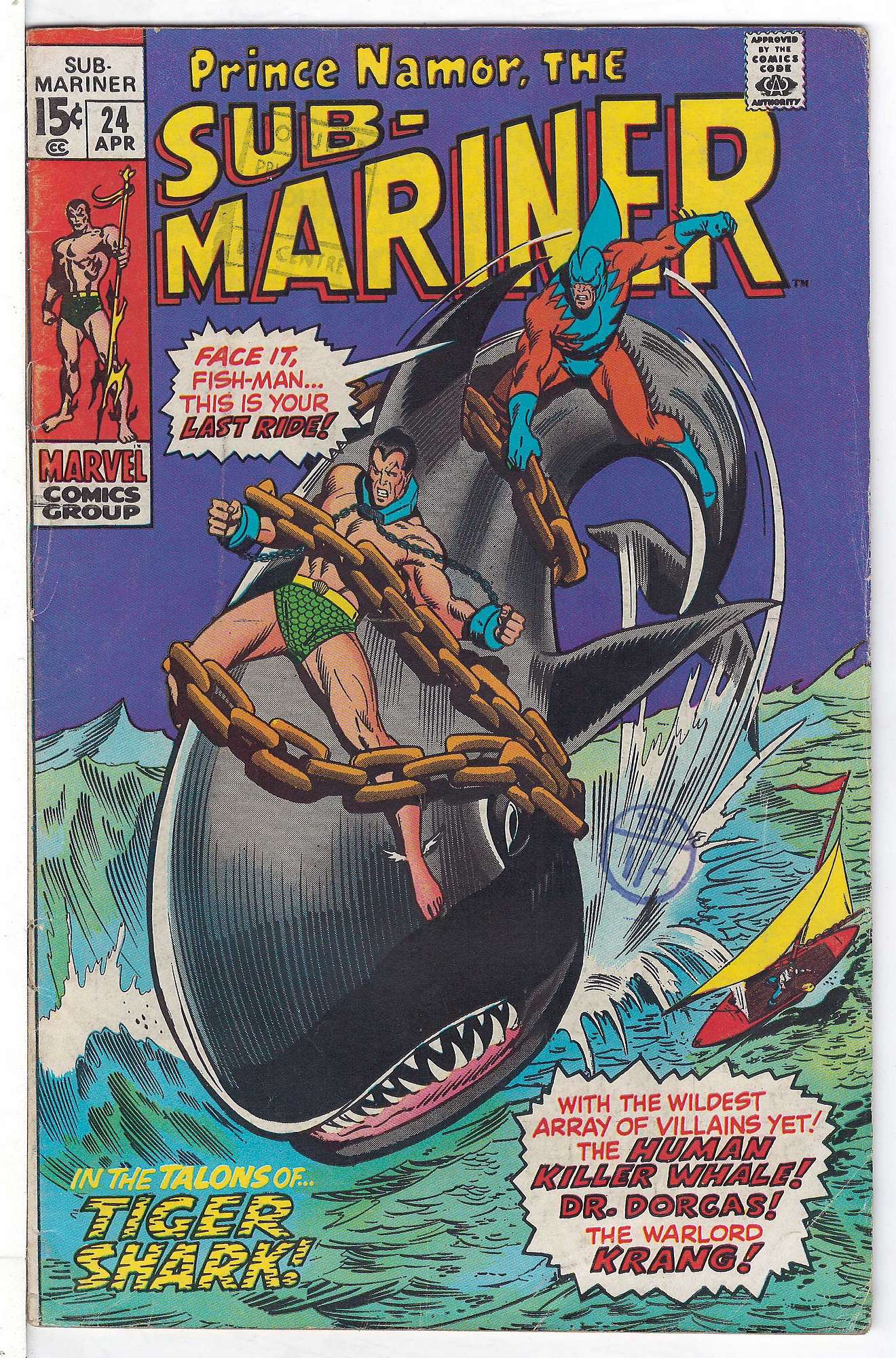 ACTUAL SCAN OF COMIC!<br>Detached lower staple - Stamps on Cover - See Scan Cover of Sub-Mariner (Vol 1) #24. One of 250,000 Vintage American Comics on sale from Krypton!