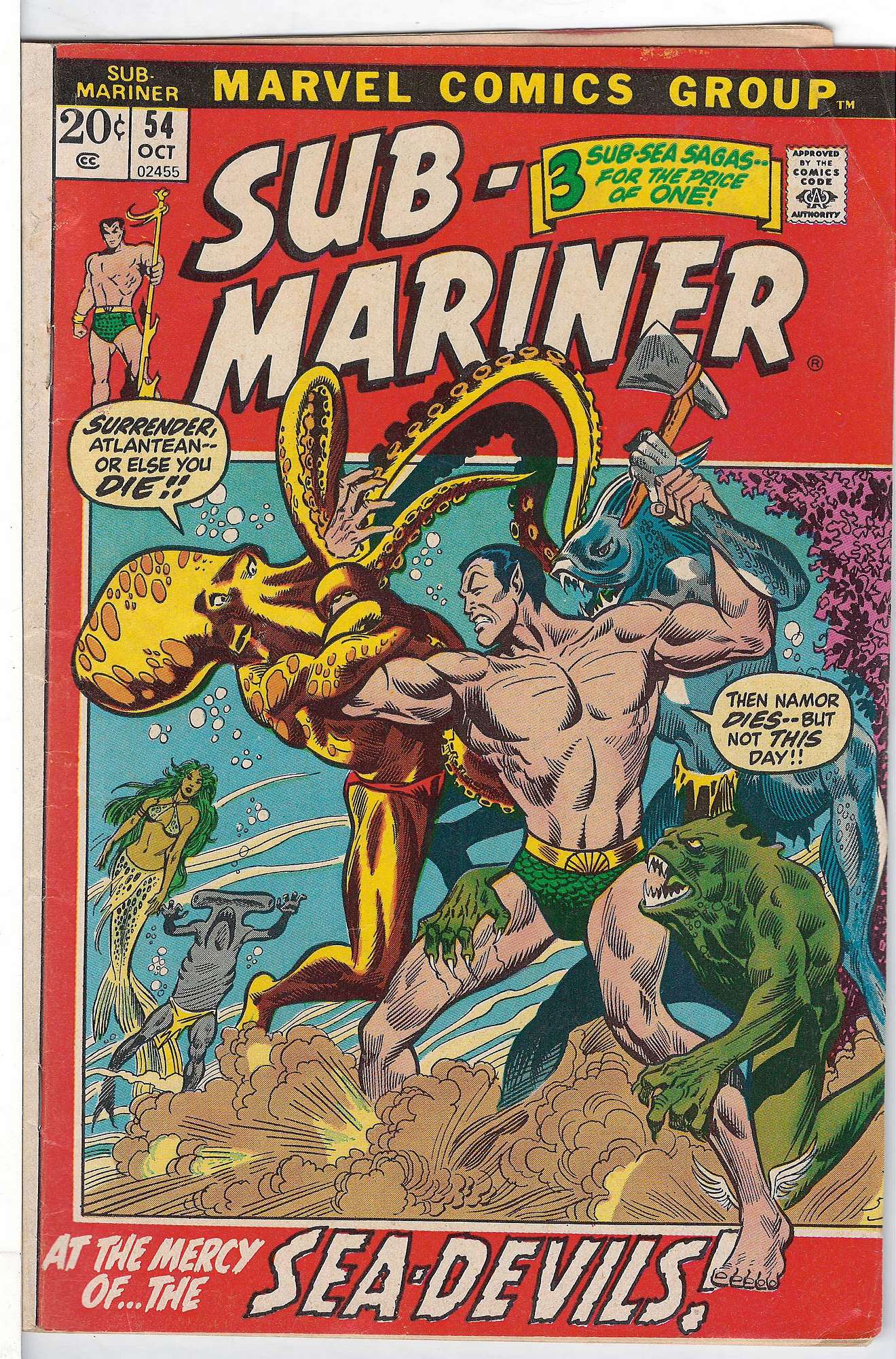 ACTUAL SCAN OF COMIC!<br>Rolled Spine - See Scan Cover of Sub-Mariner (Vol 1) #54. One of 250,000 Vintage American Comics on sale from Krypton!