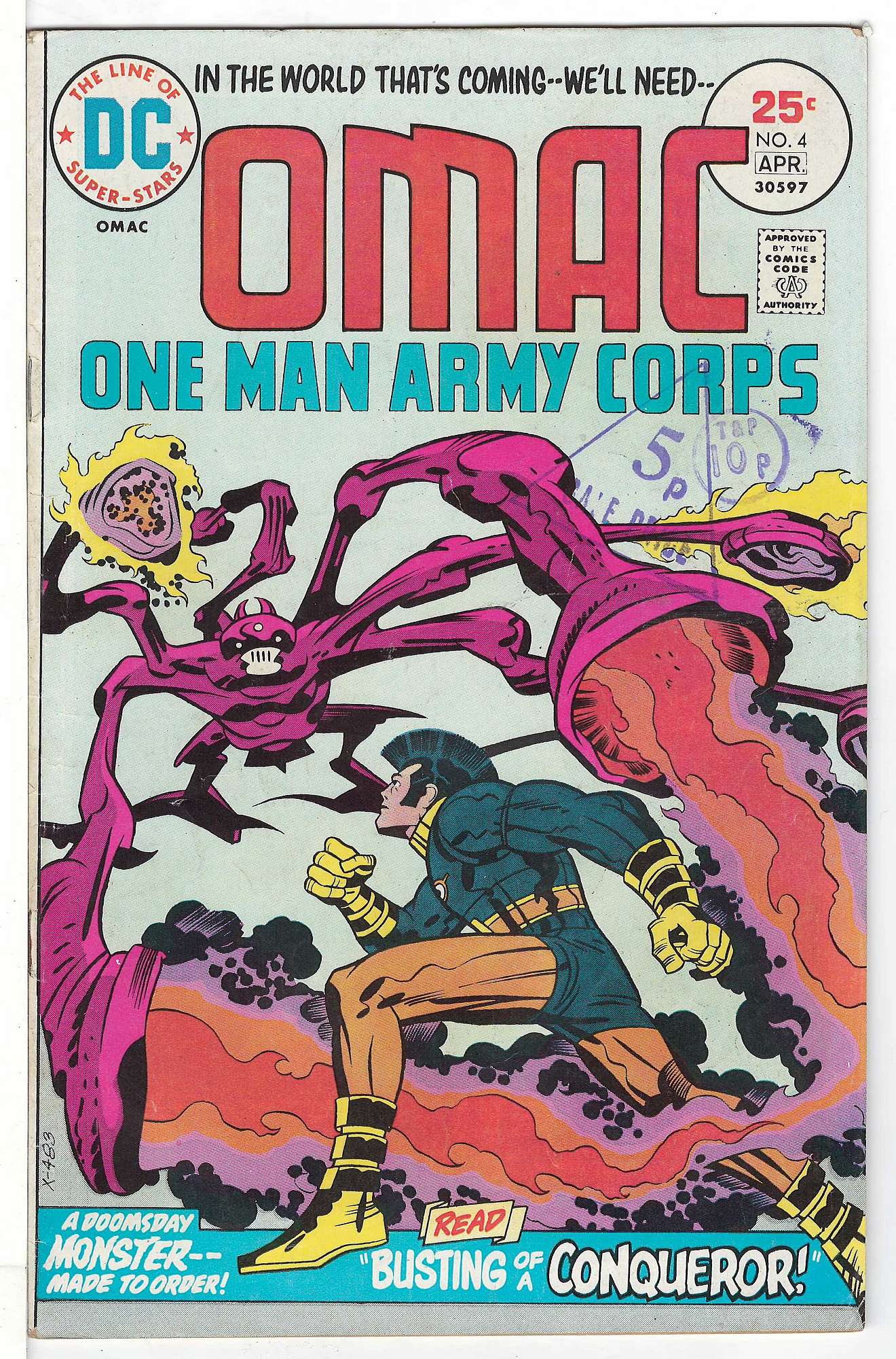 ACTUAL SCAN OF COMIC!<br>Stamp on Cover - See Scan. Cover of Omac (Vol 1) One Man Army Corps #4. One of 250,000 Vintage American Comics on sale from Krypton!