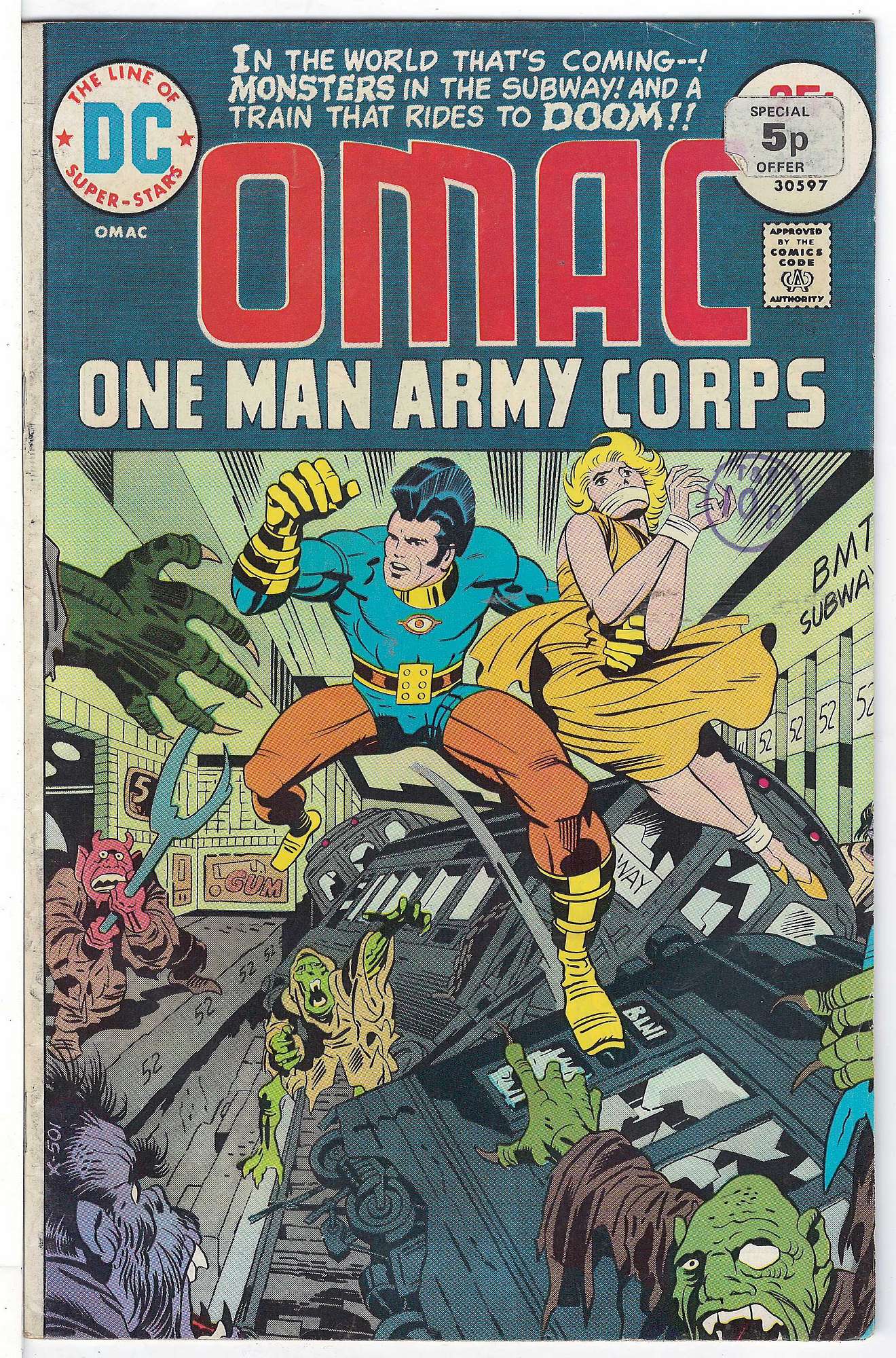 ACTUAL SCAN OF COMIC!<br>Stamp and label on Cover - See Scan. Cover of Omac (Vol 1) One Man Army Corps #6. One of 250,000 Vintage American Comics on sale from Krypton!