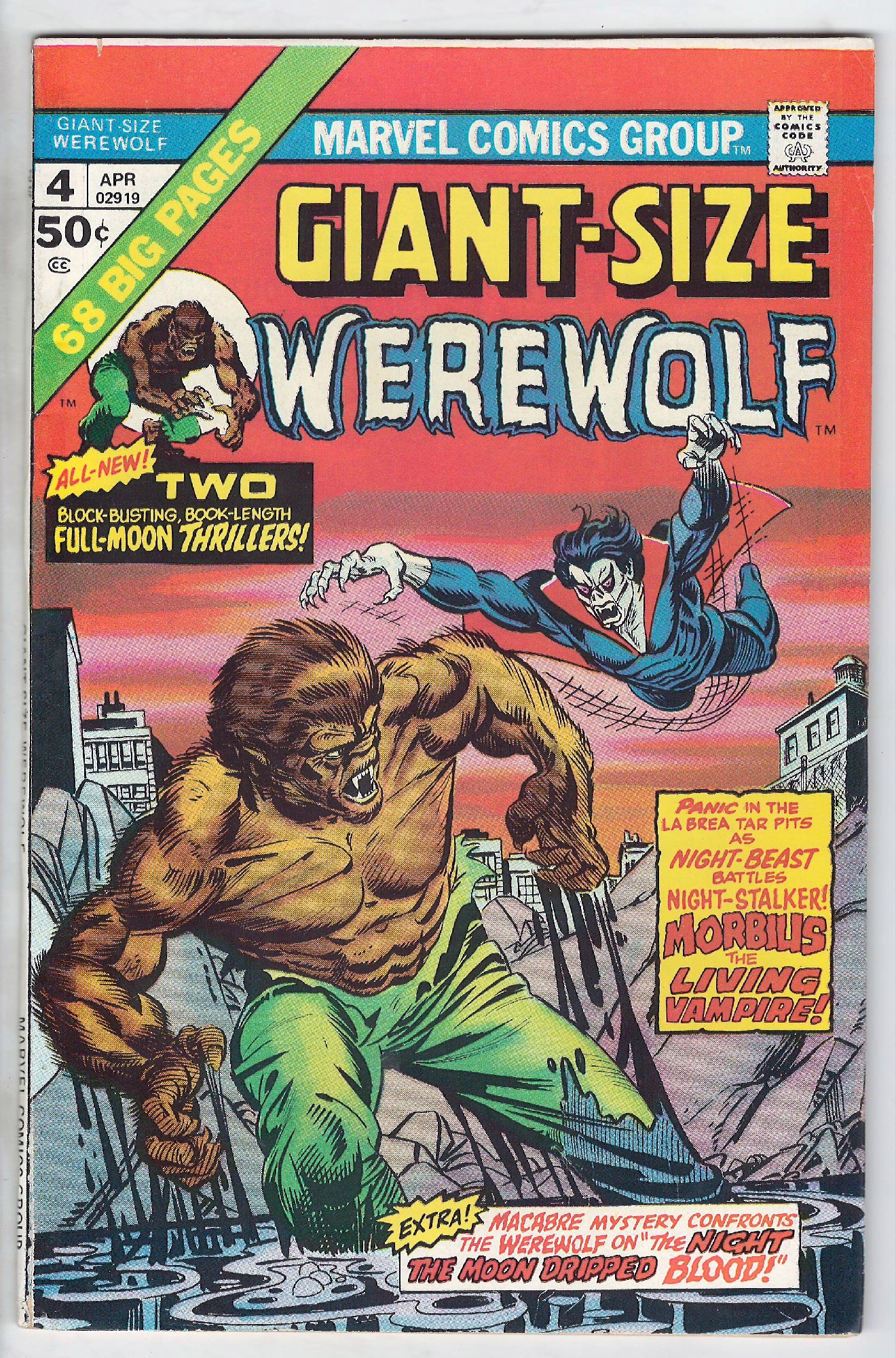 Morbius appearance<br>ACTUAL SCAN OF COMIC!<br> Cover of Giant-Size Werewolf (Vol 1) #4. One of 250,000 Vintage American Comics on sale from Krypton!
