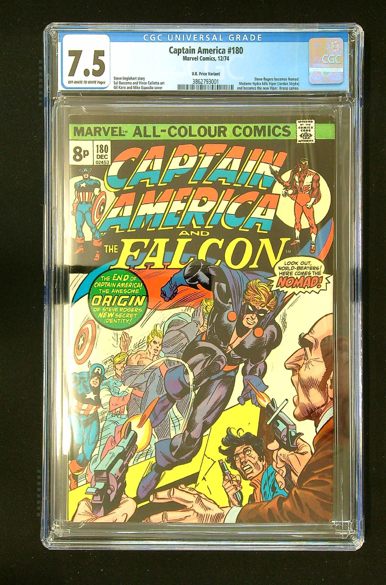 1st Nomad<br>ACTUAL SCAN OF COMIC!<br>CGC Census info: 3 Graded Copies
CGC Graded world ranking: Highest Graded Price Variant Copy Cover of Captain America (Vol 1) #180. One of 250,000 Vintage American Comics on sale from Krypton!